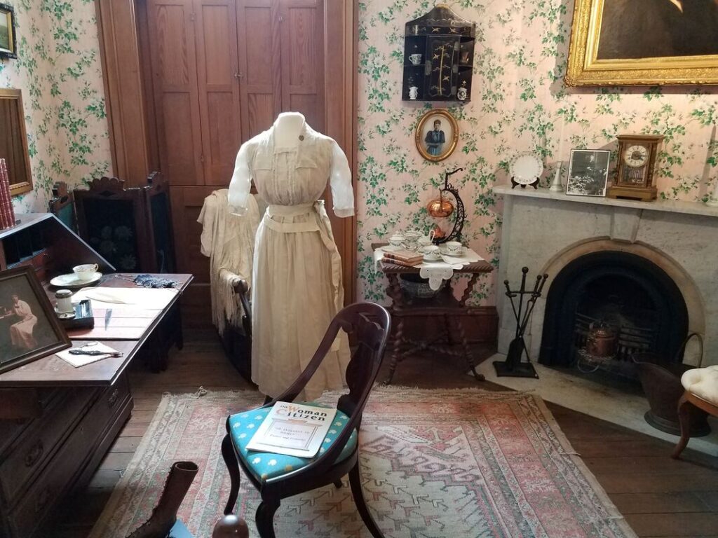 Full-length view of light-colored Edwardian day dress at Ashland in Lexington Kentucky
