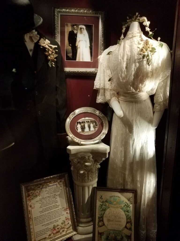 1908 Weiss wedding dress and groom's suit displayed at Boot Hill Museum in Dodge City Kansas
